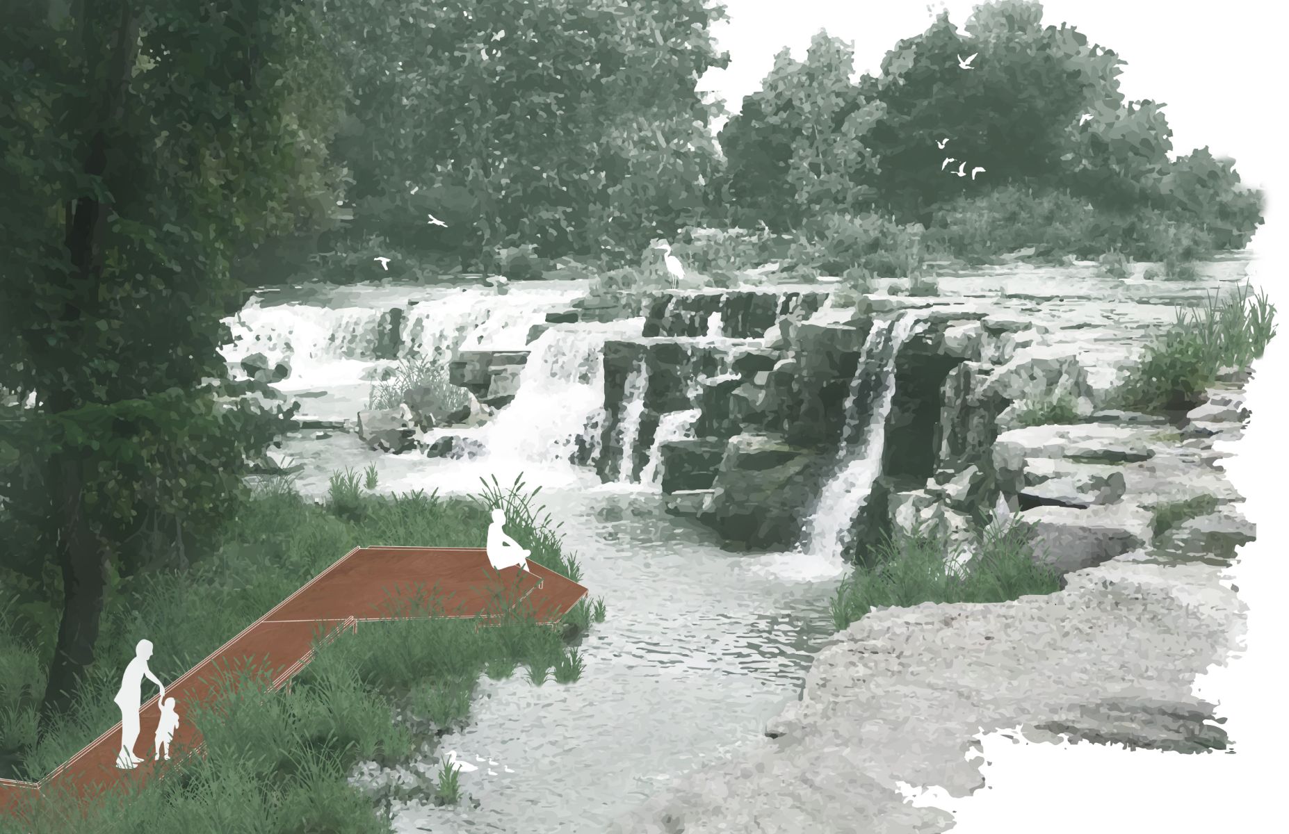 Perspective &mdash; Plateforme d&rsquo;observation au centre  de la chute de la rivi&egrave;re Saint-Louis