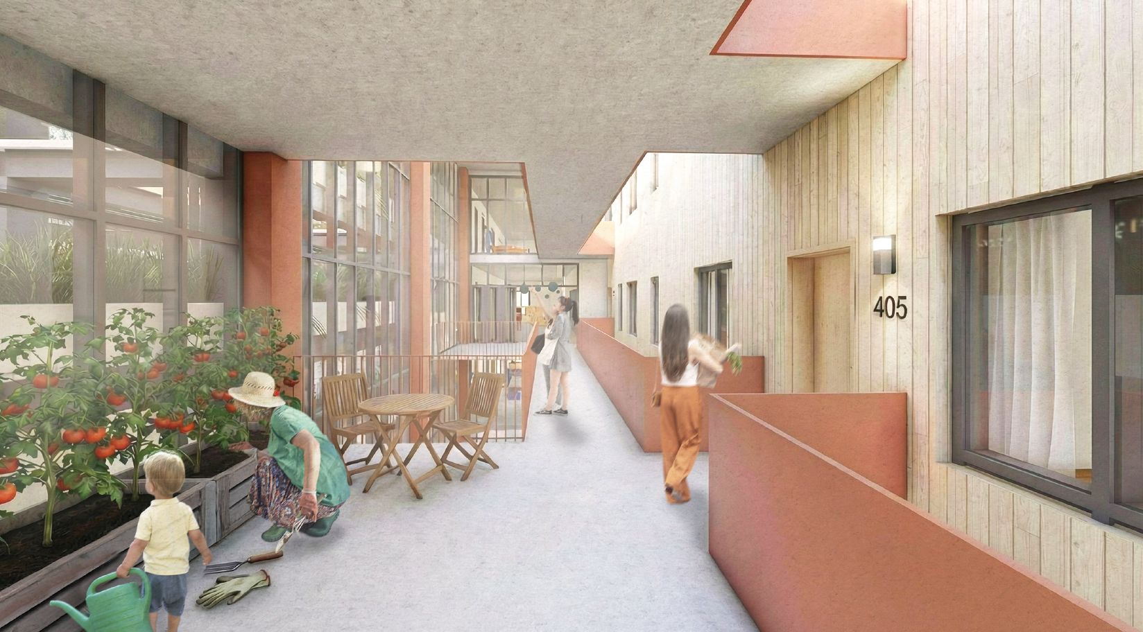 Vue de l'interstice de co-living entre la serre et les logements