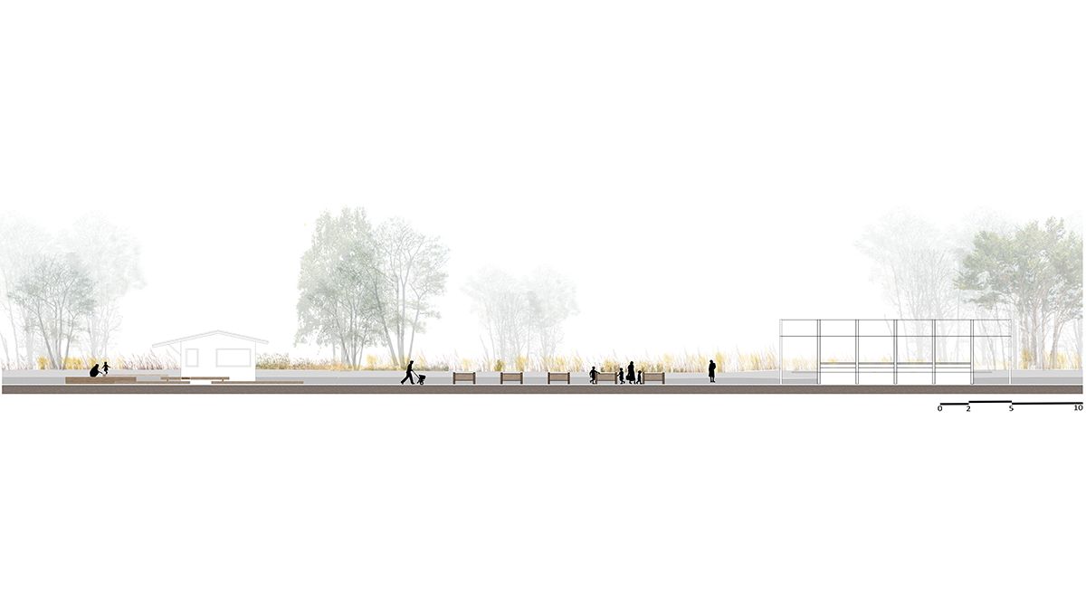 Coupe de l'espace de r&eacute;sonance &eacute;ducative avec bacs de plantation, serre et atelier de travaux manuels