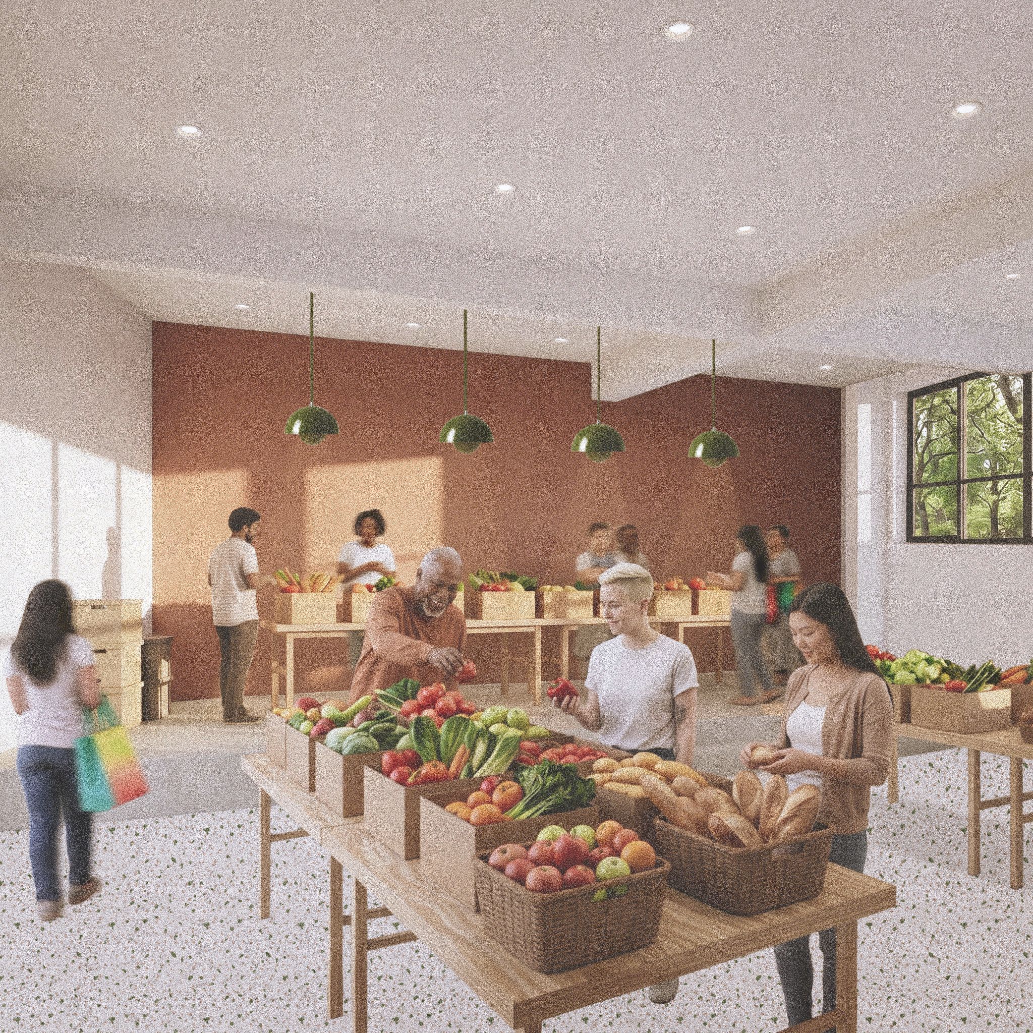 Salle polyvalente lors d'une situation de don alimentaire organis&eacute; par le centre.