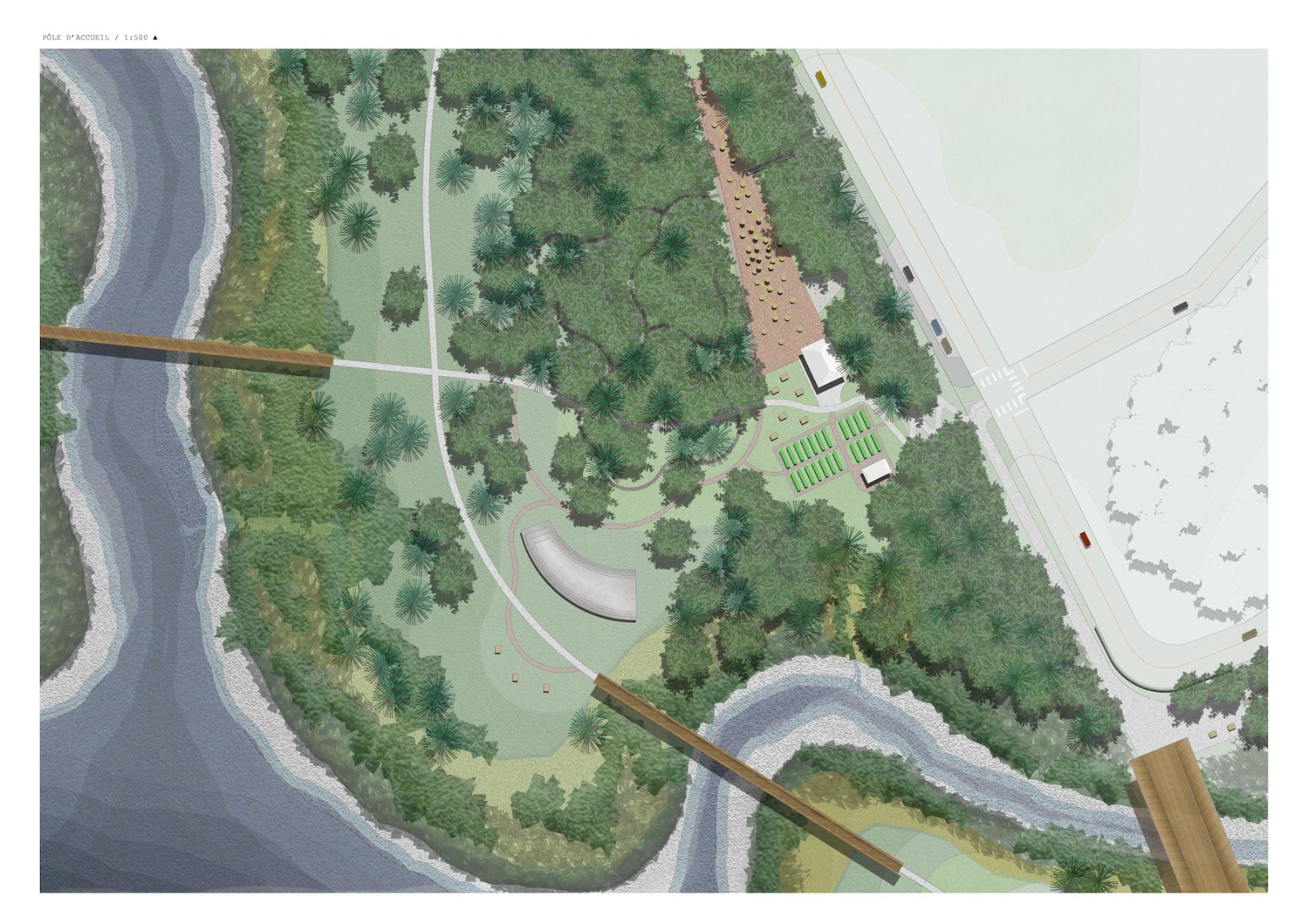 Le p&ocirc;le d'accueil du parc riverain assure une relation de proximit&eacute; avec le quartier du vieux Black Lake.