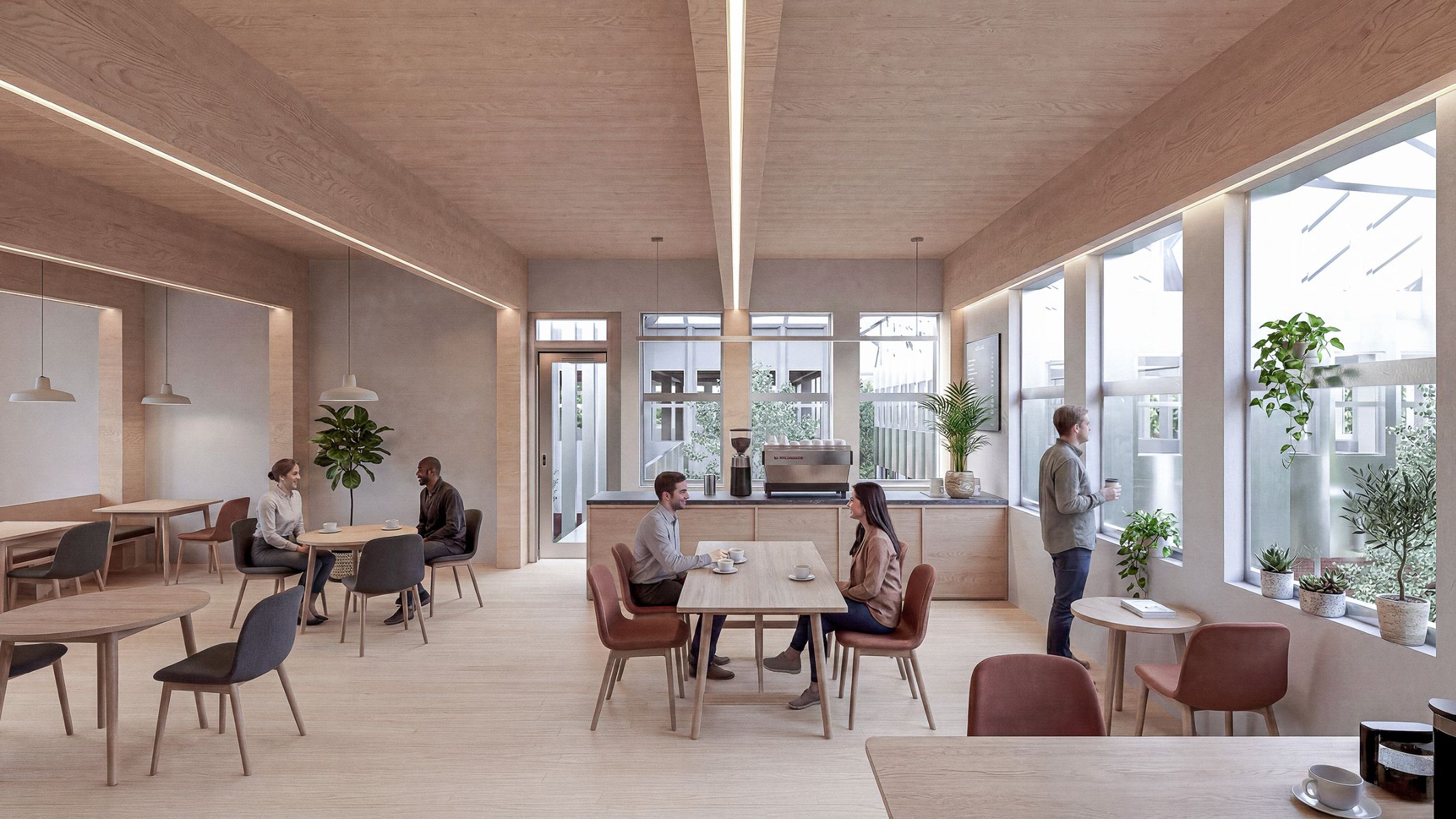Le CLT expos&eacute; &agrave; l&rsquo;int&eacute;rieur apporte de la biophilie, prolonge la pr&eacute;sence de la for&ecirc;t dans le projet et, au niveau exp&eacute;rientiel, place les usagers au niveau des feuilles en brouillant les limites int&eacute;rieur et ext&eacute;rieur.