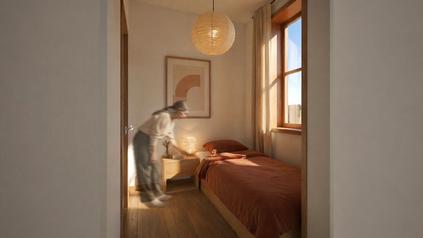 Chambre dans un studio priv&eacute; (avec la lampe Diaphane). Espace intime valorisant la qui&eacute;tude personnelle.
