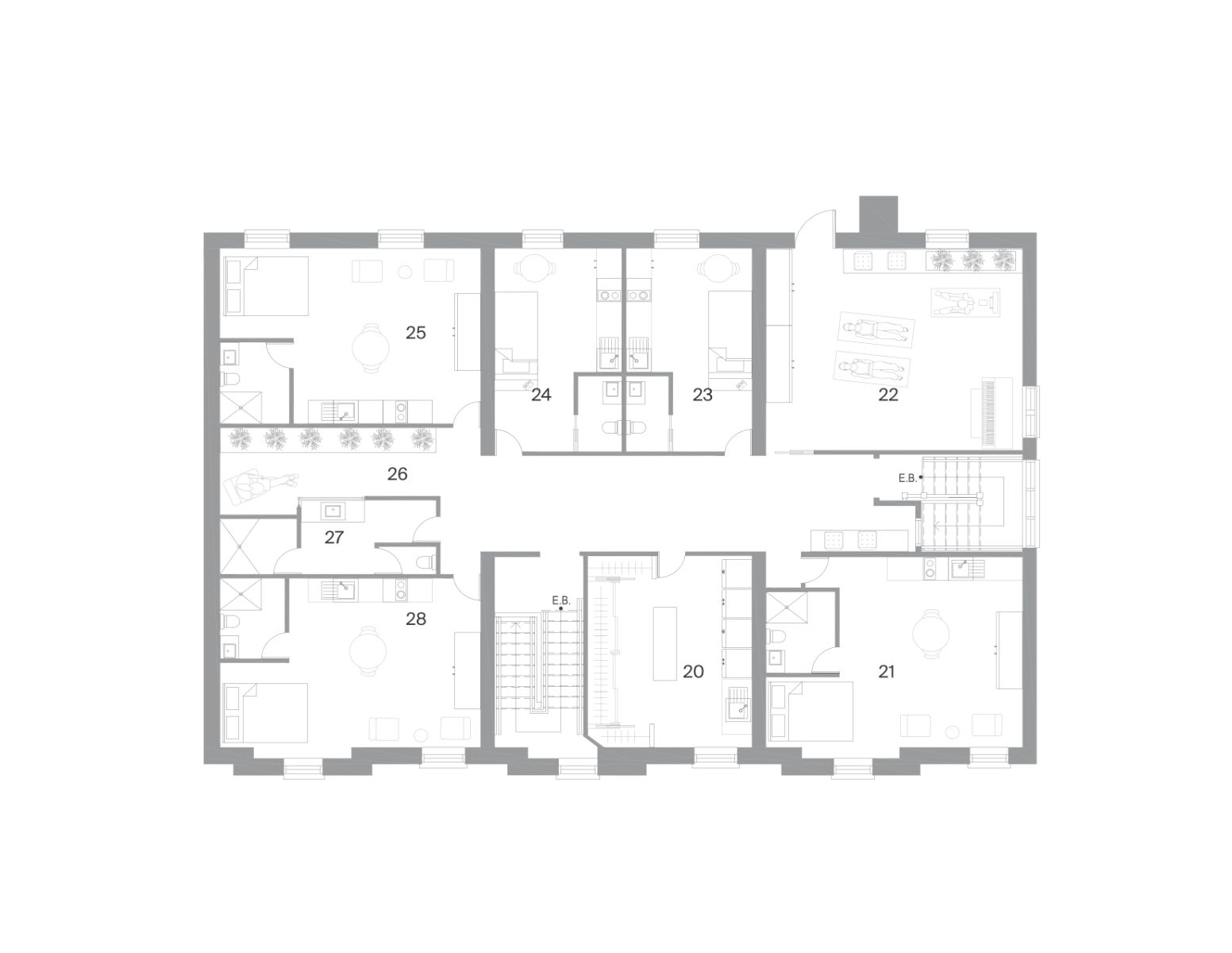 20 friperie et buanderie 21 chambre 22m&sup2; 22 salle multifonctionelle 23 - 24 chambre 17 m&sup2;  25 chambre 22m&sup2;  26 coin de lecture 27 salle de bain 28 chambre 22m&sup2;