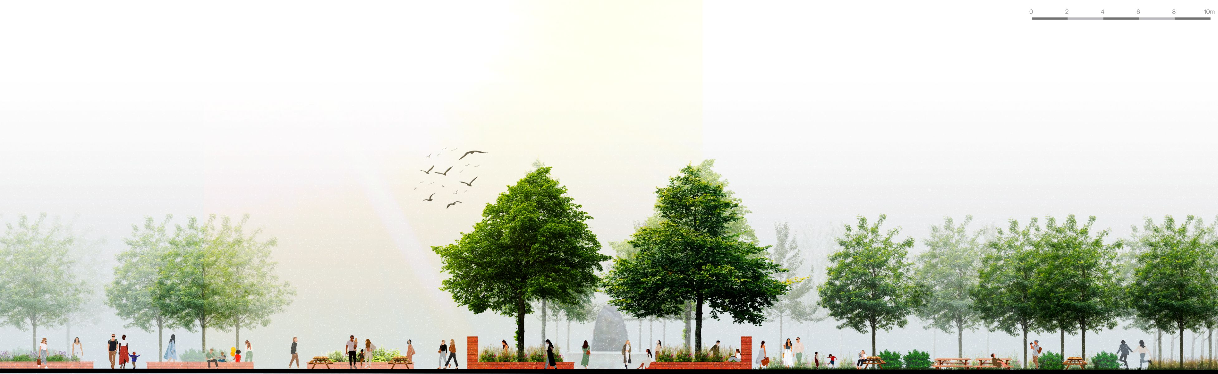 Coupe transversale &ndash; Relation entre la ruelle, le jardin social et l'espace de rassemblement