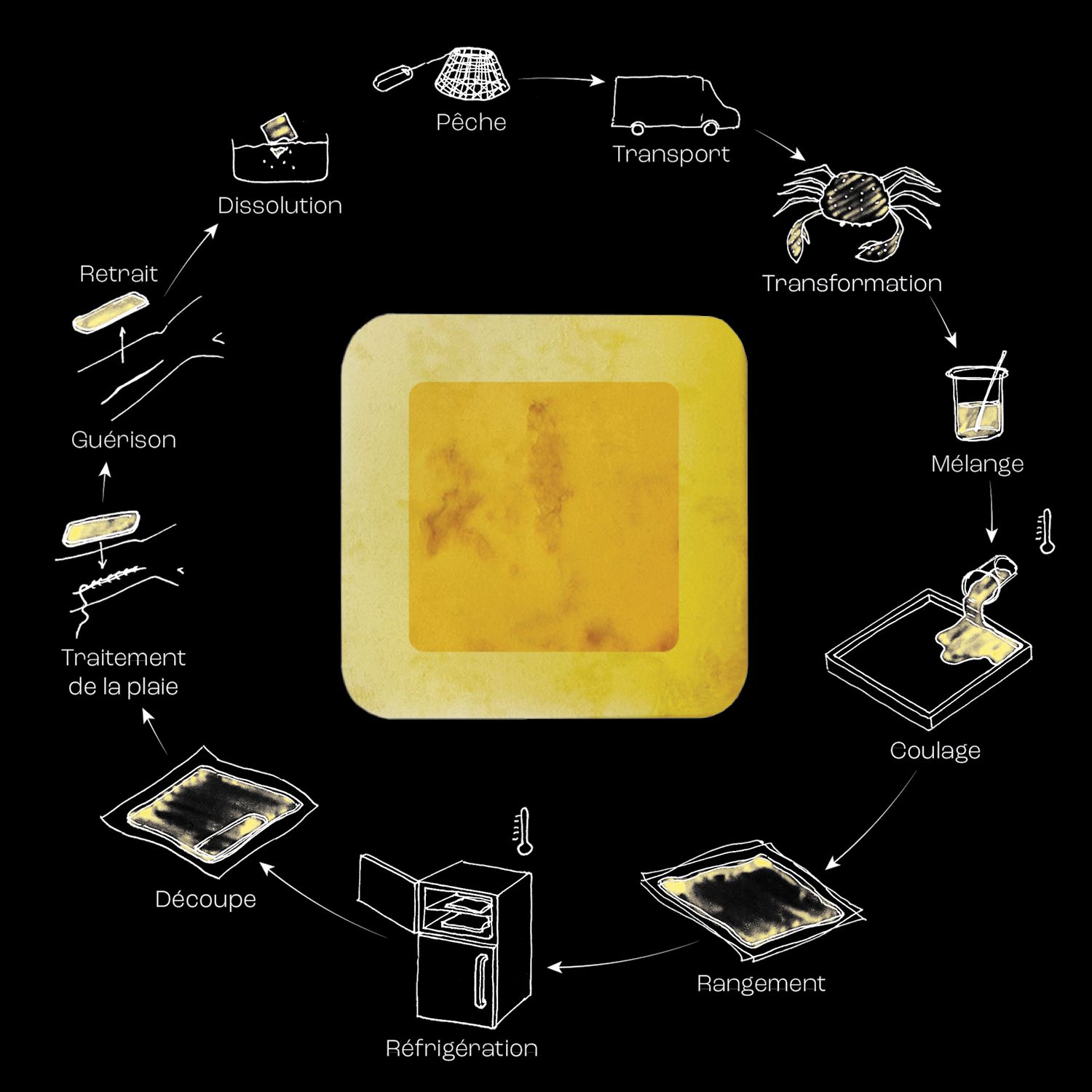 Sc&eacute;nario d'utilisation et de production du bandage