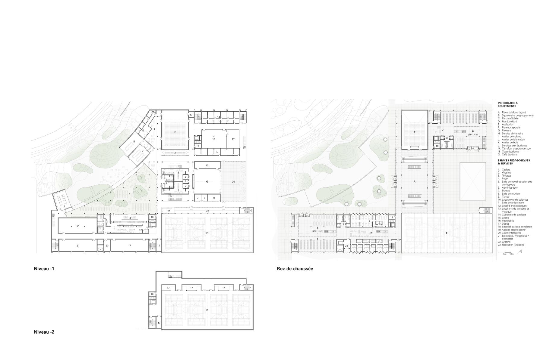 Plans niveaux -2, -1 et rez-de-chauss&eacute;e