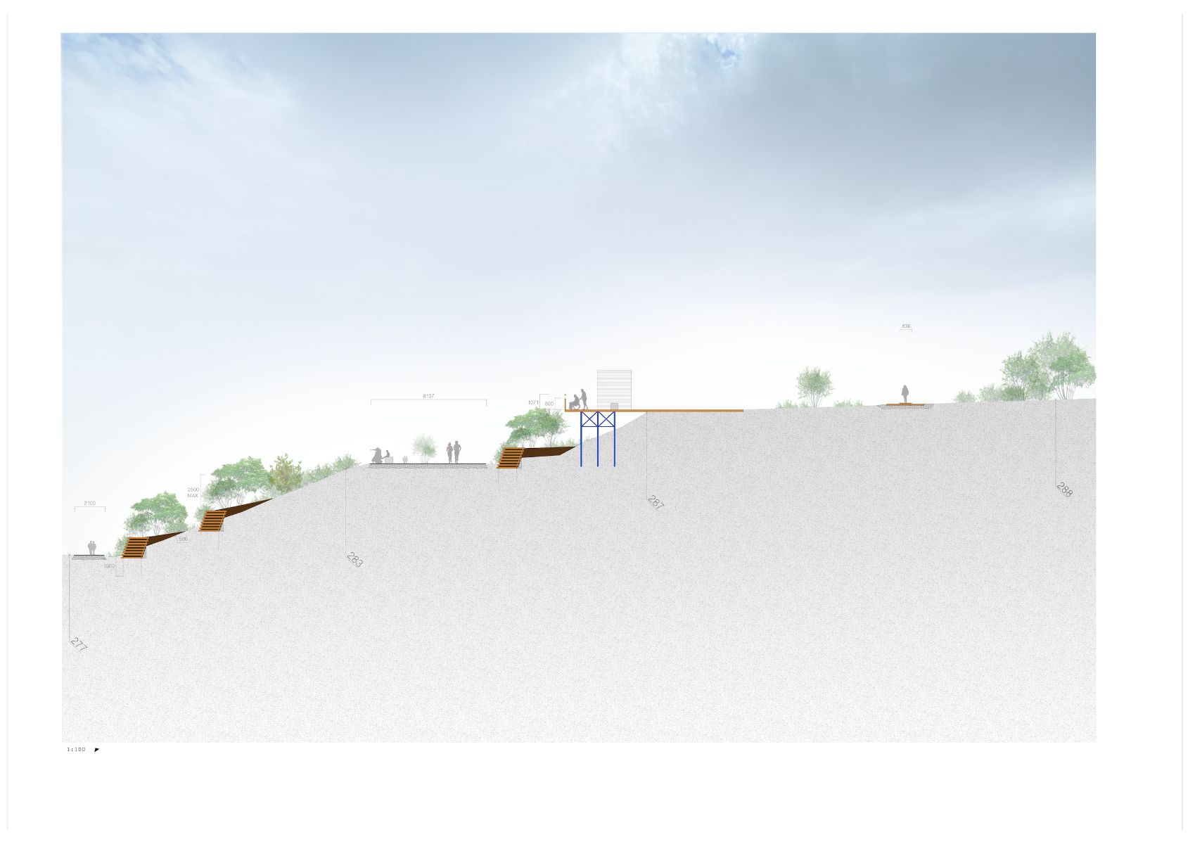 Pour stabiliser la rampe d'acc&egrave;s, des murs de sout&egrave;nement en billots de bois permettent des volumes de terre favorisant les fonctions racinaires et foliaires des nouvelles plantations. La structure du belv&eacute;d&egrave;re r&eacute;utilise l'armature du belv&eacute;d&egrave;re abandonn&eacute;.