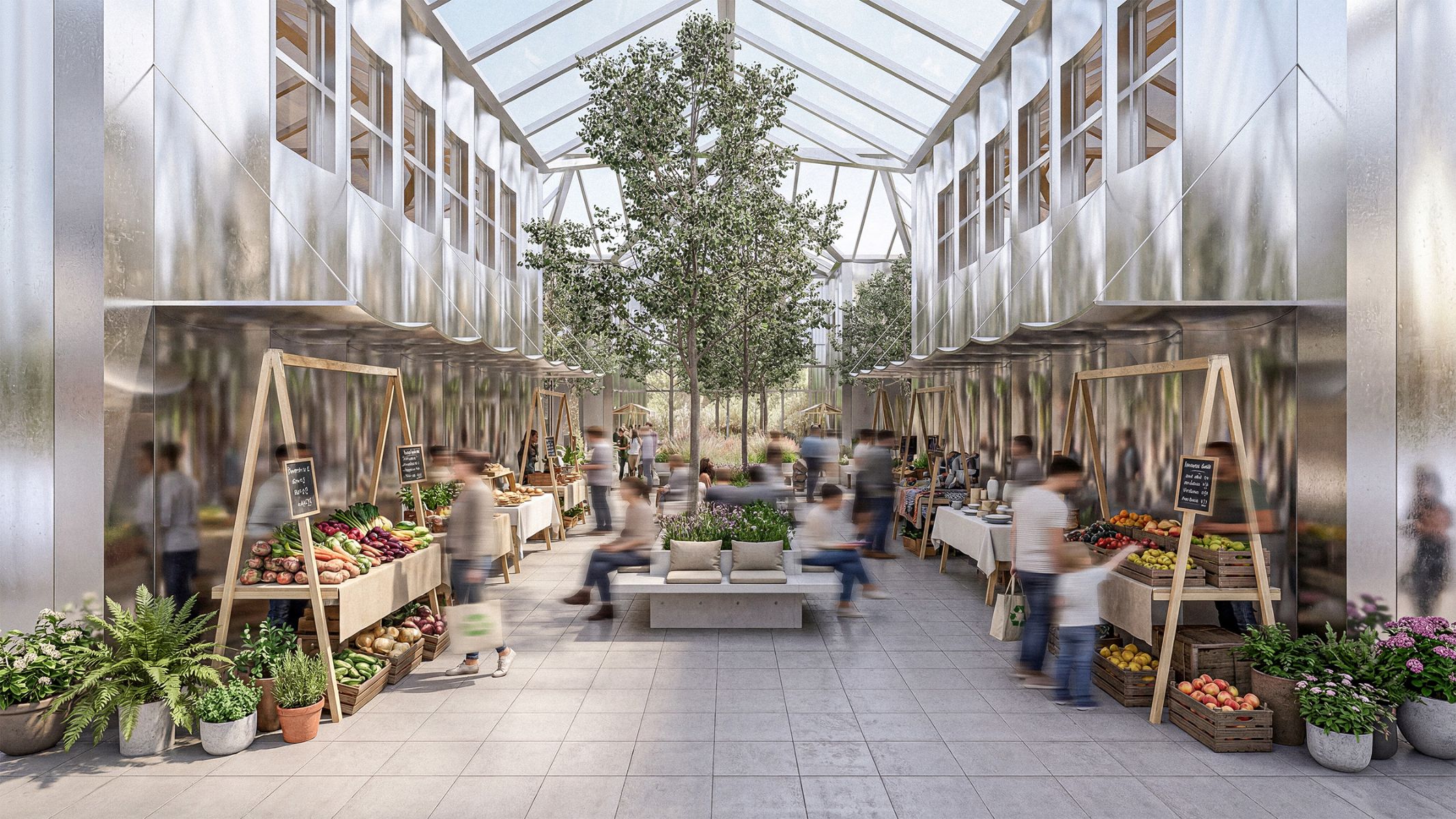 Le march&eacute; int&eacute;rieur, travers&eacute; par le bois&eacute;, r&eacute;unit kiosques et canop&eacute;e en periph&eacute;rie et les espaces de d&eacute;tente au centre dans un lieu multifonctionnel adaptable aux saisons et aux &eacute;v&eacute;nements.