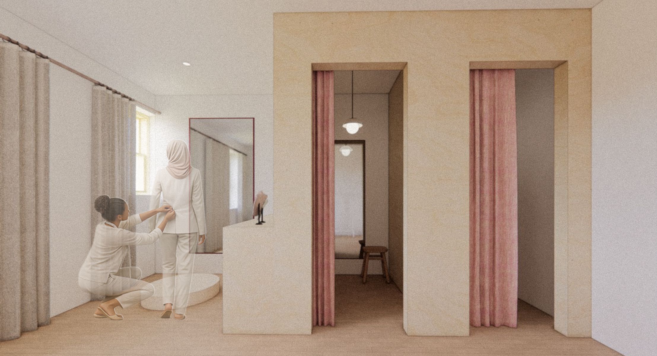 Espace d'essayage - espace connexe &agrave; la boutique, d&eacute;di&eacute; aux s&eacute;ances de stylisme et aux ajustements.