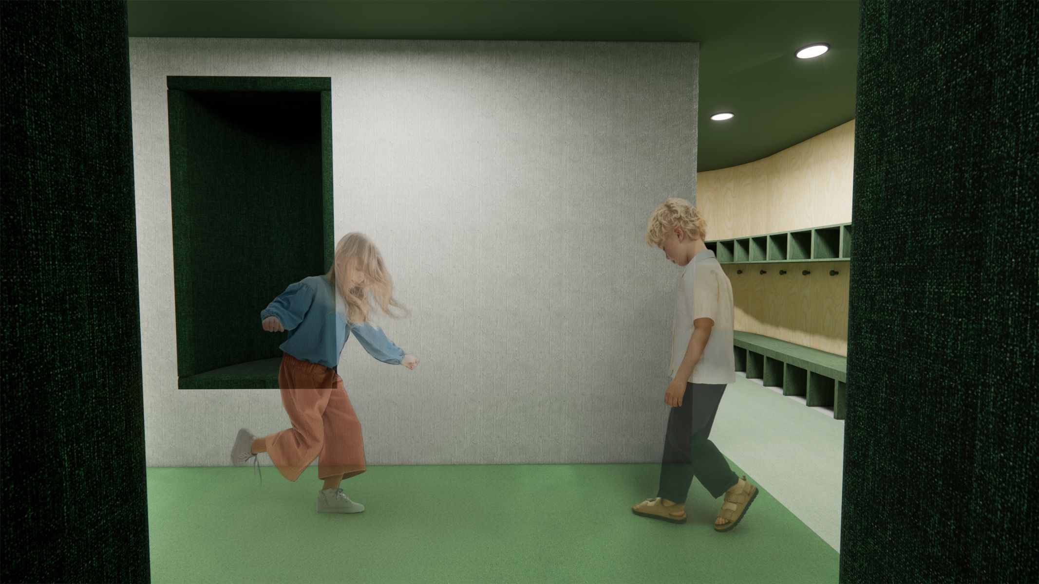 L'espace de retrait dans le corridor permet &agrave; l'enfant de choisir de prendre une pause en cas de surstimulation