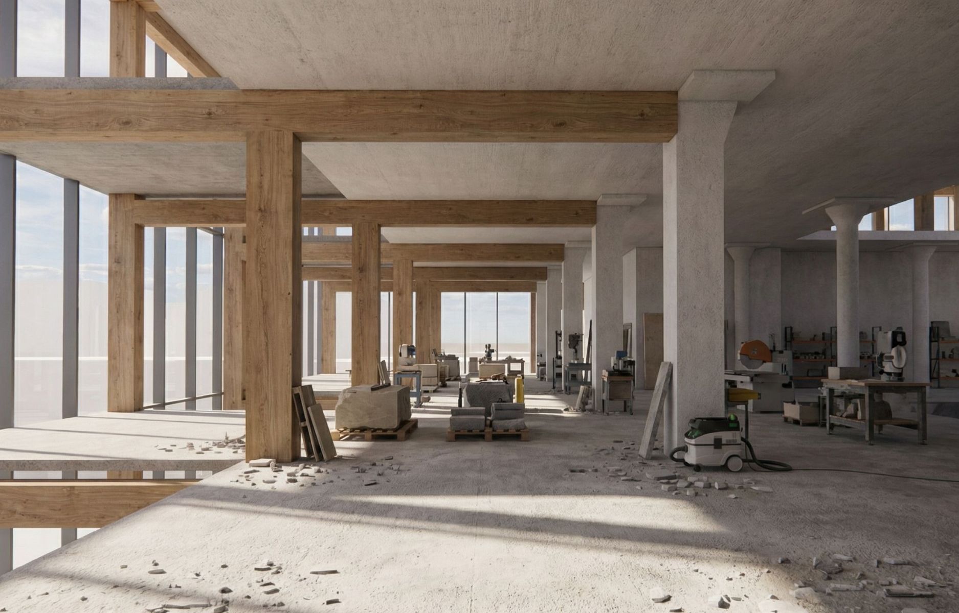 Atelier de r&eacute;emploi, ciment, b&eacute;ton et pl&acirc;tre