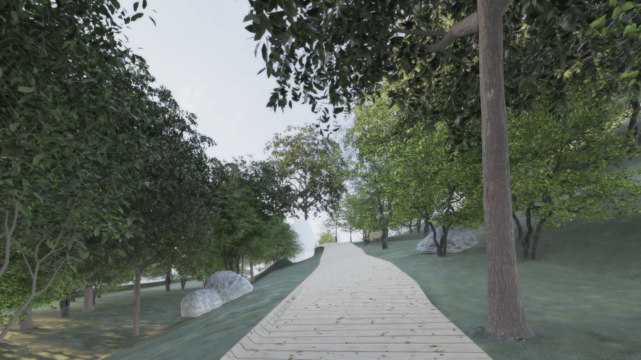 Le sentier dans le bois&eacute; liant les deux jardins