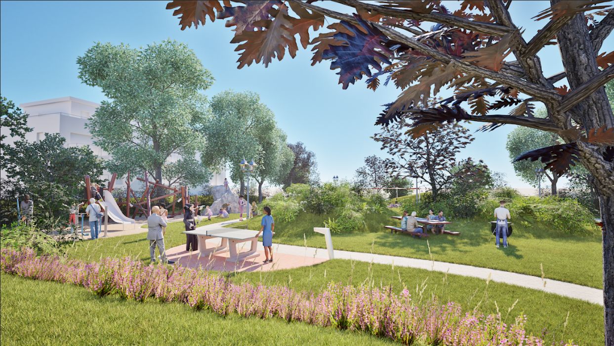 Rendu 3D d'un parc qui illustre les quatre orientations de notre projet