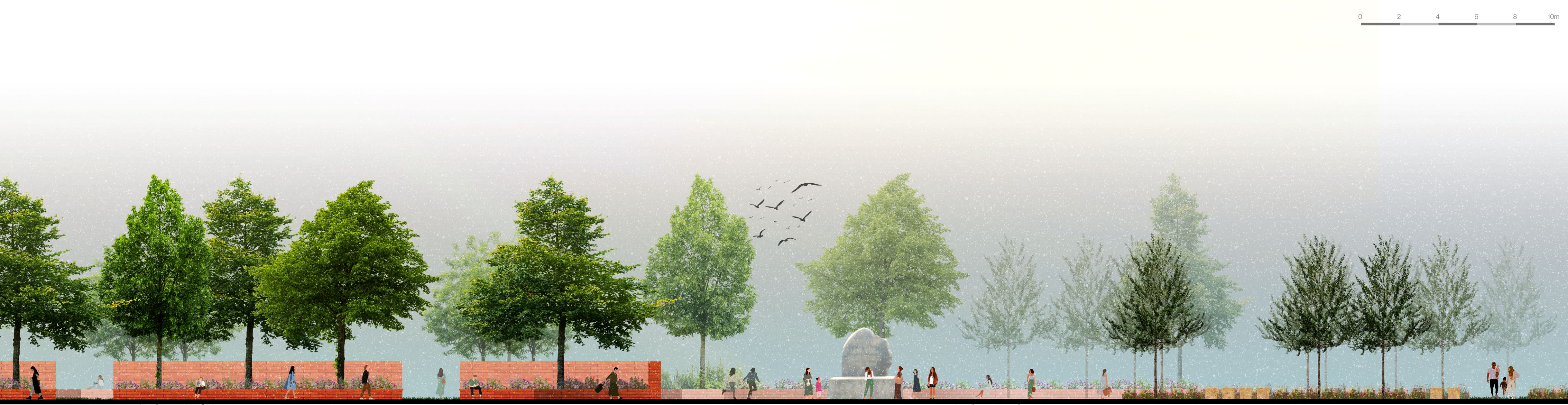 Coupe longitudinale &ndash; Relation entre la ruelle et le parvis du monument Black Rock