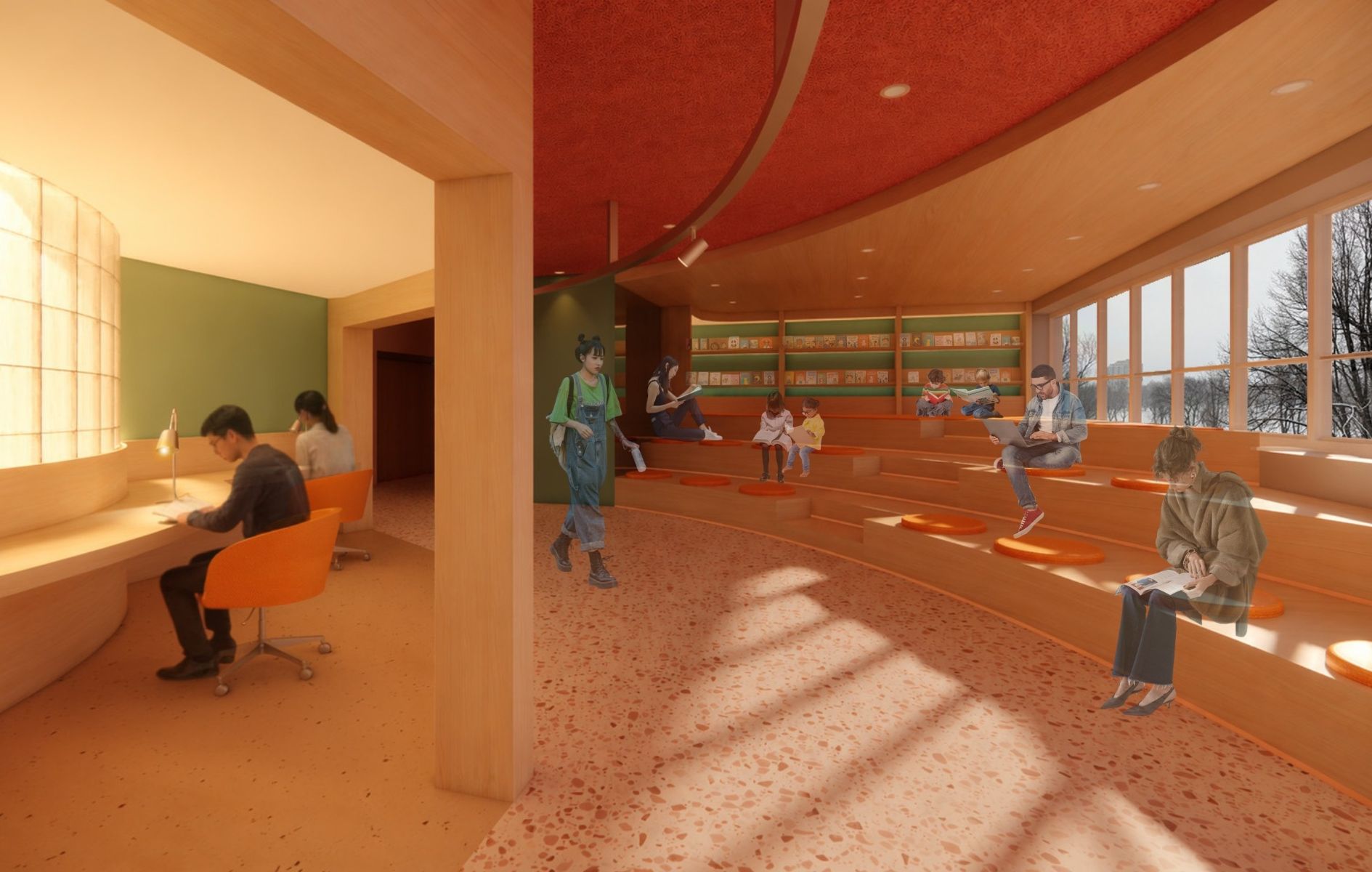 Vue sur les estrades et la zone pour enfants dans la biblioth&egrave;que pendant la journ&eacute;e