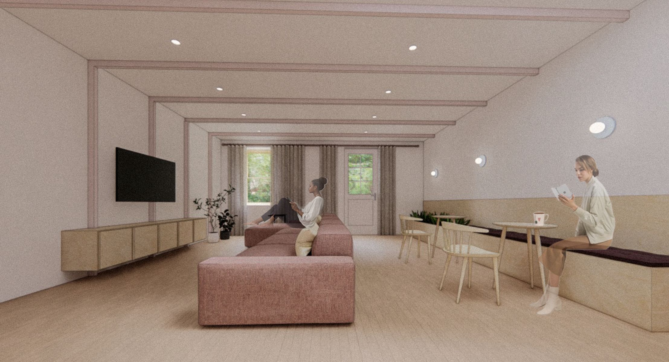 Salon commun - espace connexe aux logements, polyvalent et propice aux &eacute;changes entre les r&eacute;sidentes.