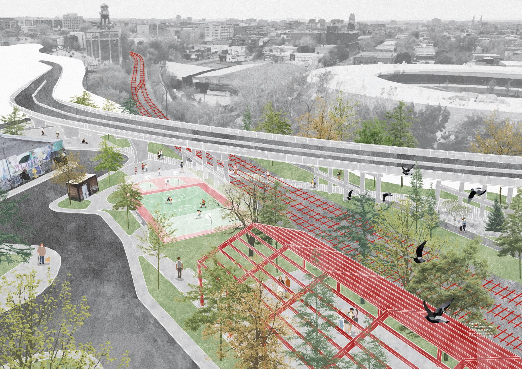 Liaison directe entre les espaces par le passage &agrave; niveau