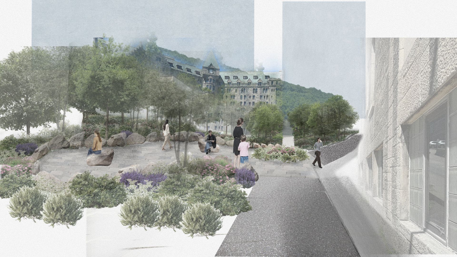 Phase 2 | Cr&eacute;ation d'une placette au pied du mont afin de cr&eacute;er une connexion entre ville et montagne