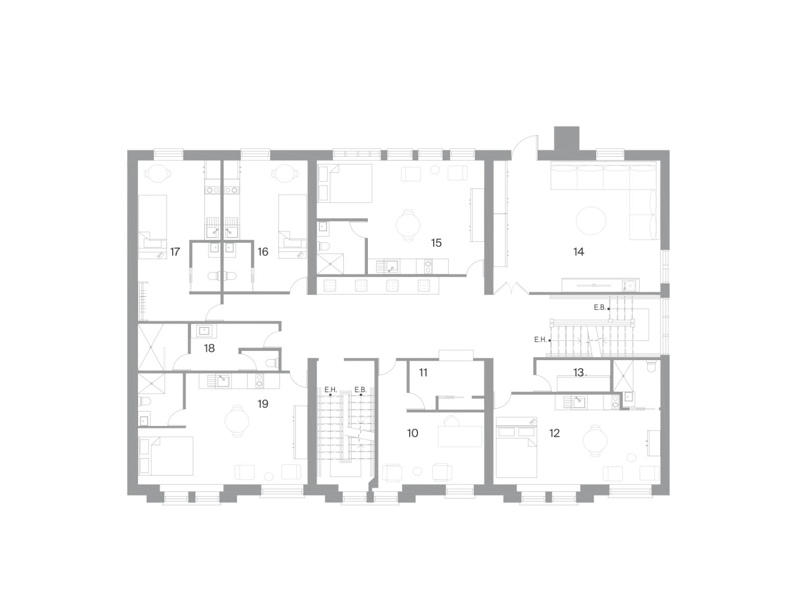 9 cuisine et sam 10 bureau intervant.e 11 comptoir medical 12 chambre 22m&sup2;  13 rangement 14 salon 15 chambre 22m&sup2;  16-17 chambre 17 m&sup2;  18 sbd 19 chambre 22m&sup2;