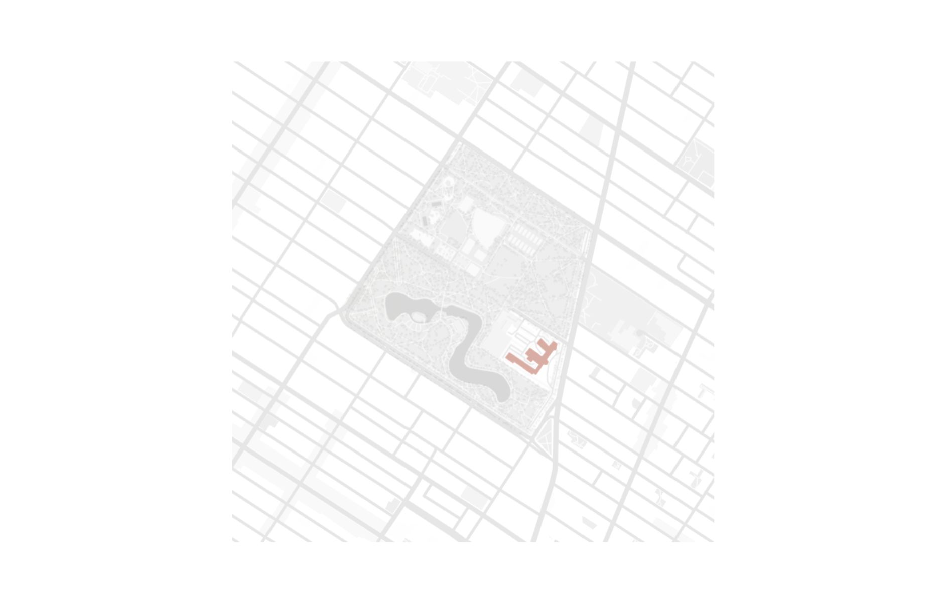 Plan d'implantation du site, le centre se relocalise dans un nouveau b&acirc;timent nich&eacute; au sein du Parc LaFontaine, proche de la rue Sherbrooke.
