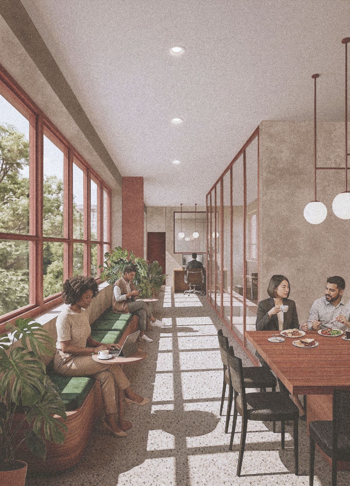 Salle &agrave; manger des employ&eacute;s, proche des bureaux de l'administration et du bureau du directeur.
