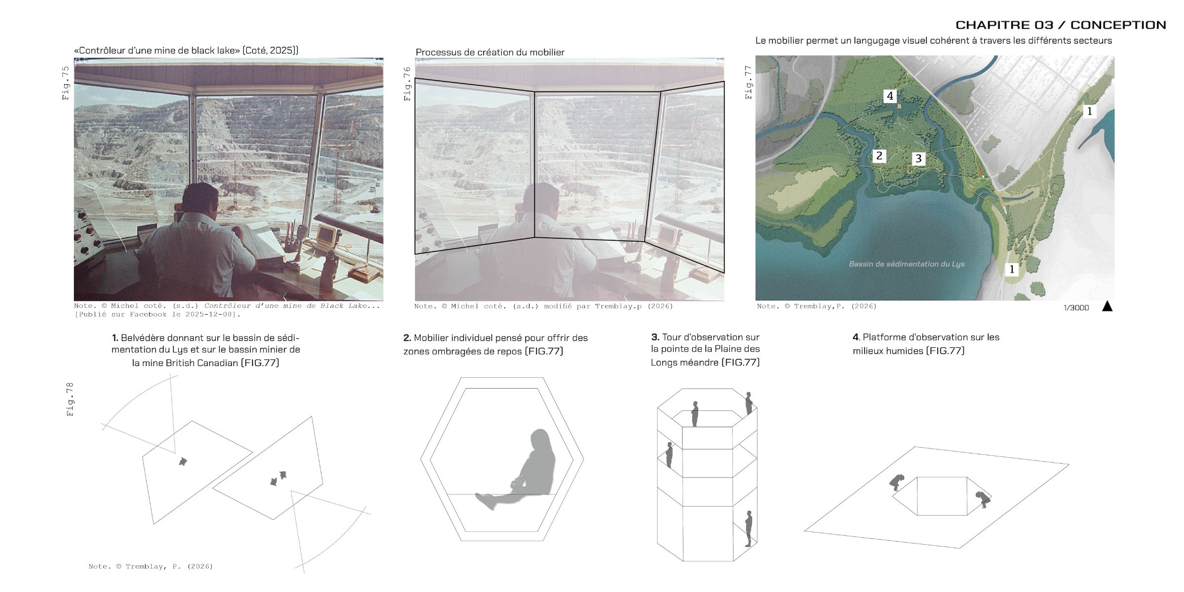 Les typologies des &eacute;l&eacute;ments construits permettent diff&eacute;rentes exp&eacute;riences s'adaptant aux trois niveaux de sol du site. Leur configuration hexagonale est inspir&eacute;e d'une photographie d'archive montrant le contr&ocirc;leur d&rsquo;une mine.