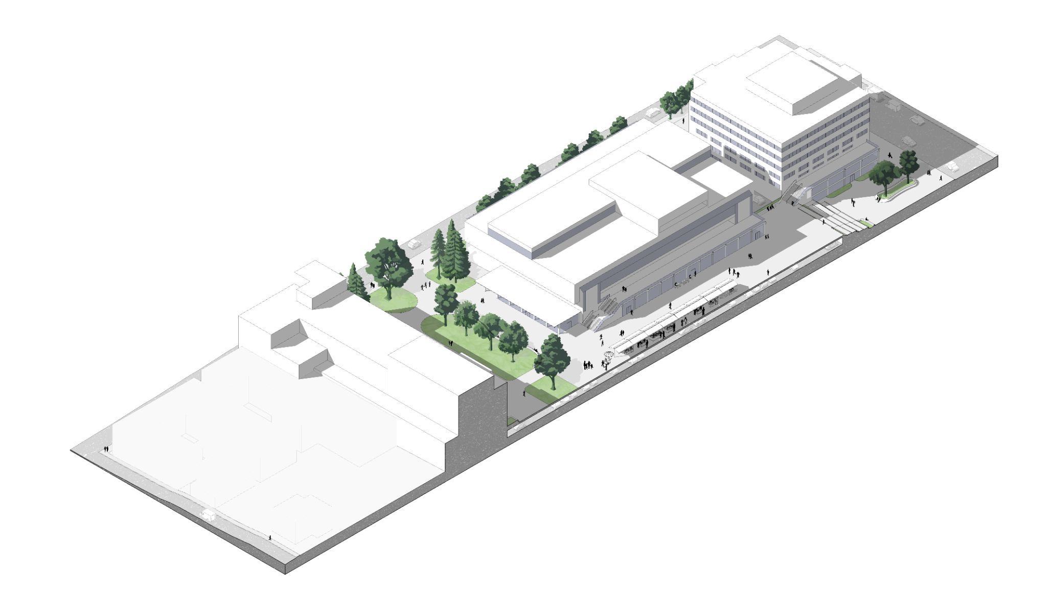 Coupe B, apr&egrave;s la requalification. Implantation de modules adoss&eacute;s aux fa&ccedil;ades aveugles accueillant des commerces, compl&eacute;t&eacute;e par des halles amovibles de march&eacute; et les terrasses des commerces.
