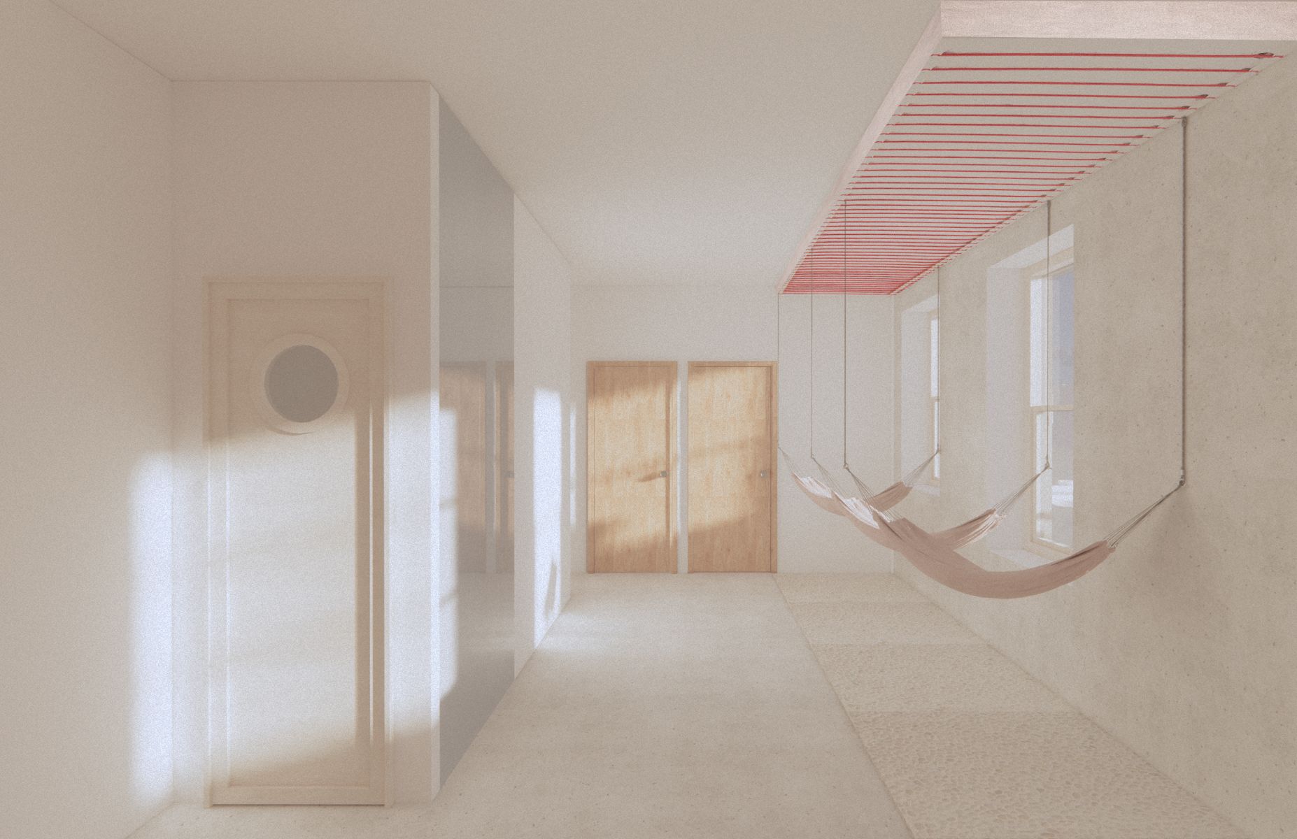 Parcours entre le bain collectif et les bains individuels, ponctu&eacute; de hamacs sous plafond infrarouge baign&eacute; de lumi&egrave;re naturelle.