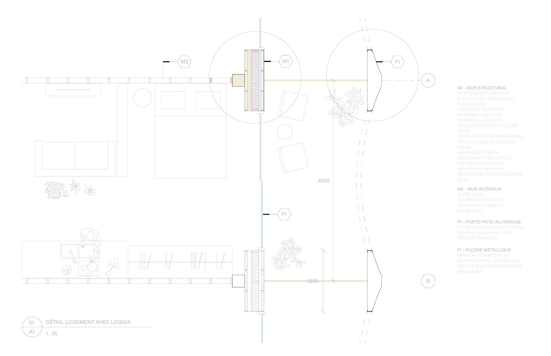 D&eacute;tail 1:20 d'une habitation avec terrasse couverte