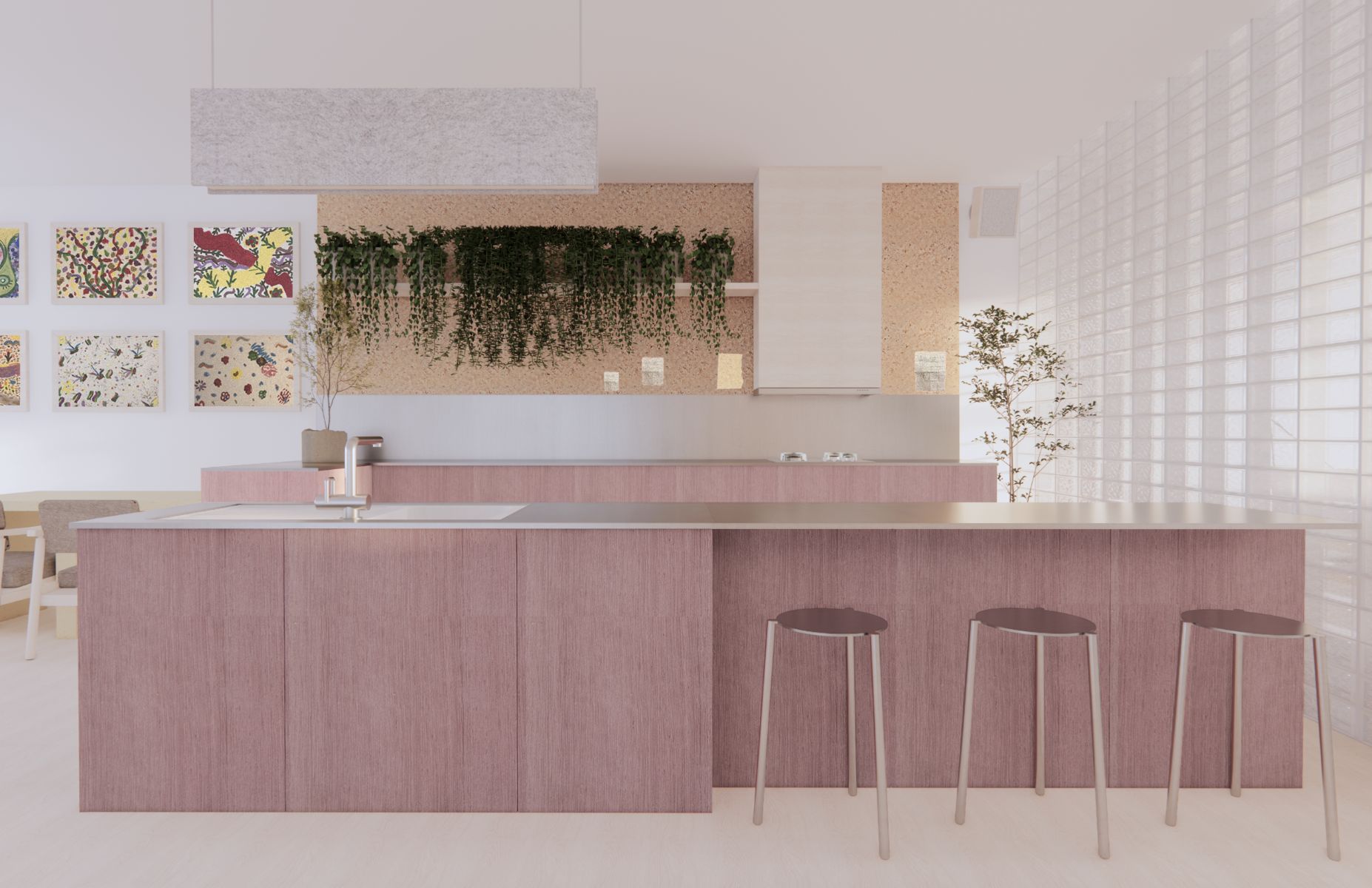 Cuisine centrale pens&eacute;e comme un lieu de rencontres autour des gestes du quotidien. Le li&egrave;ge, utilis&eacute; comme mat&eacute;riau acoustique, sert &eacute;galement de support d'expression pour les mots. Les peintures, r&eacute;alis&eacute;es par les femmes de Sydalis, participent &agrave; l&rsquo;appropriation du lieu.