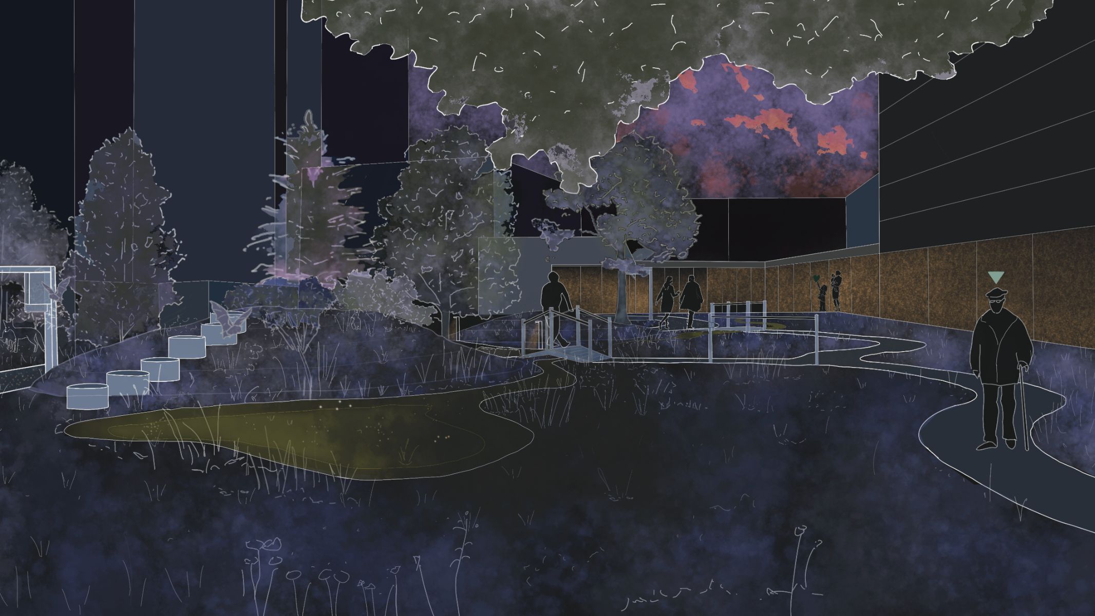 Vue de nuit du jardin th&eacute;rapeutique